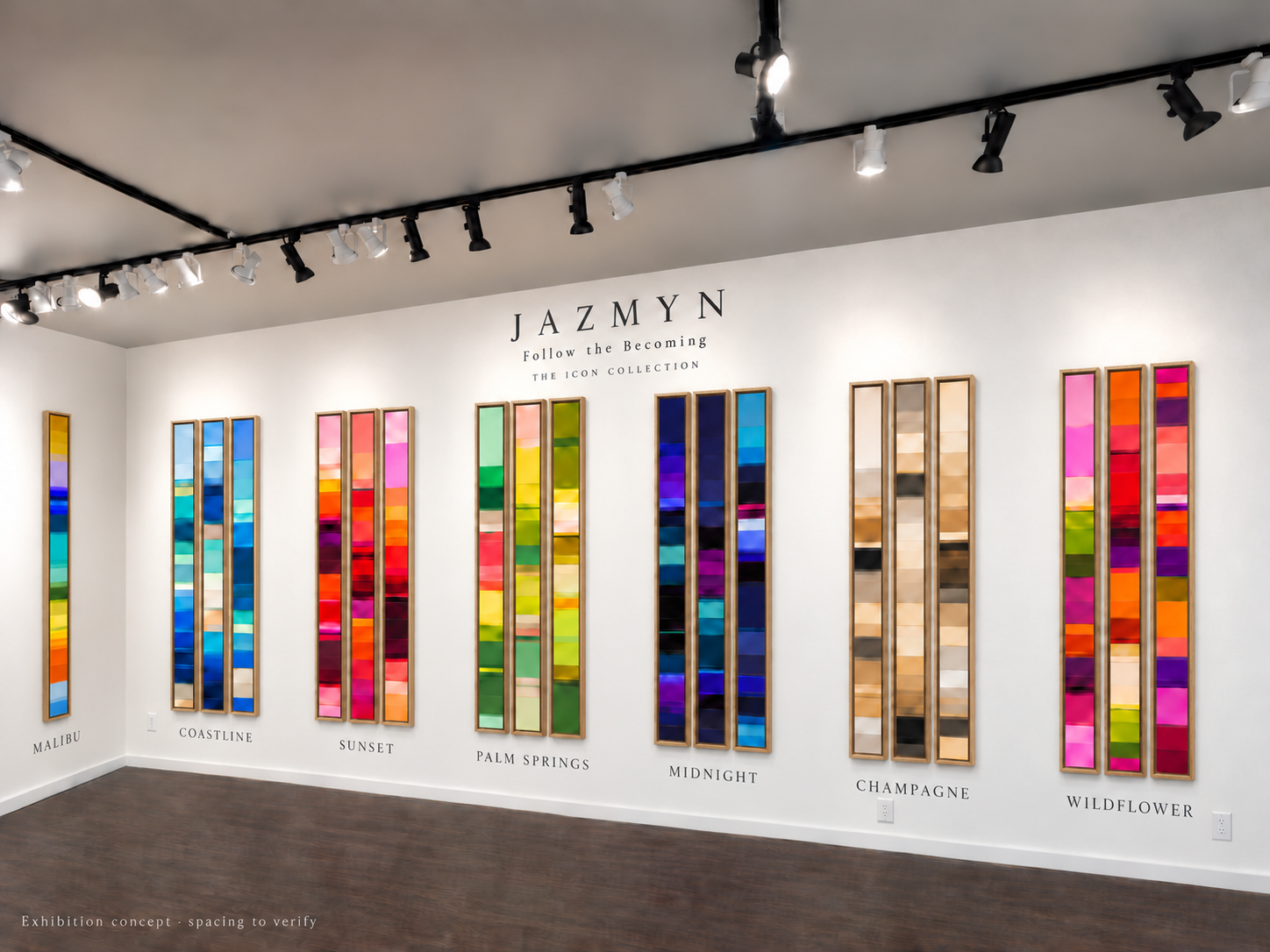 Proposed Icon Collection exhibition visualization with wood floating frames; not a completed installation